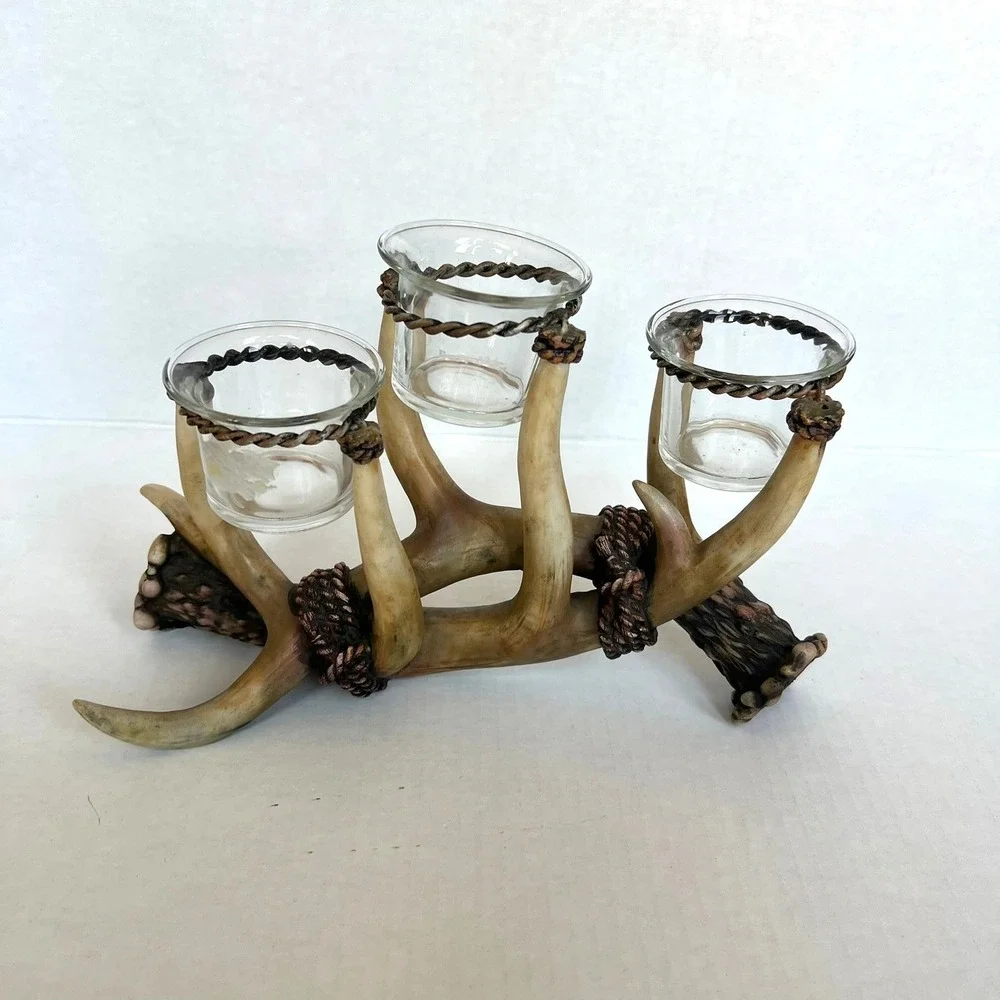 Rustic Faux Antler Triple Votive Candle Holder Lodge Cabin Decor Resin Glass